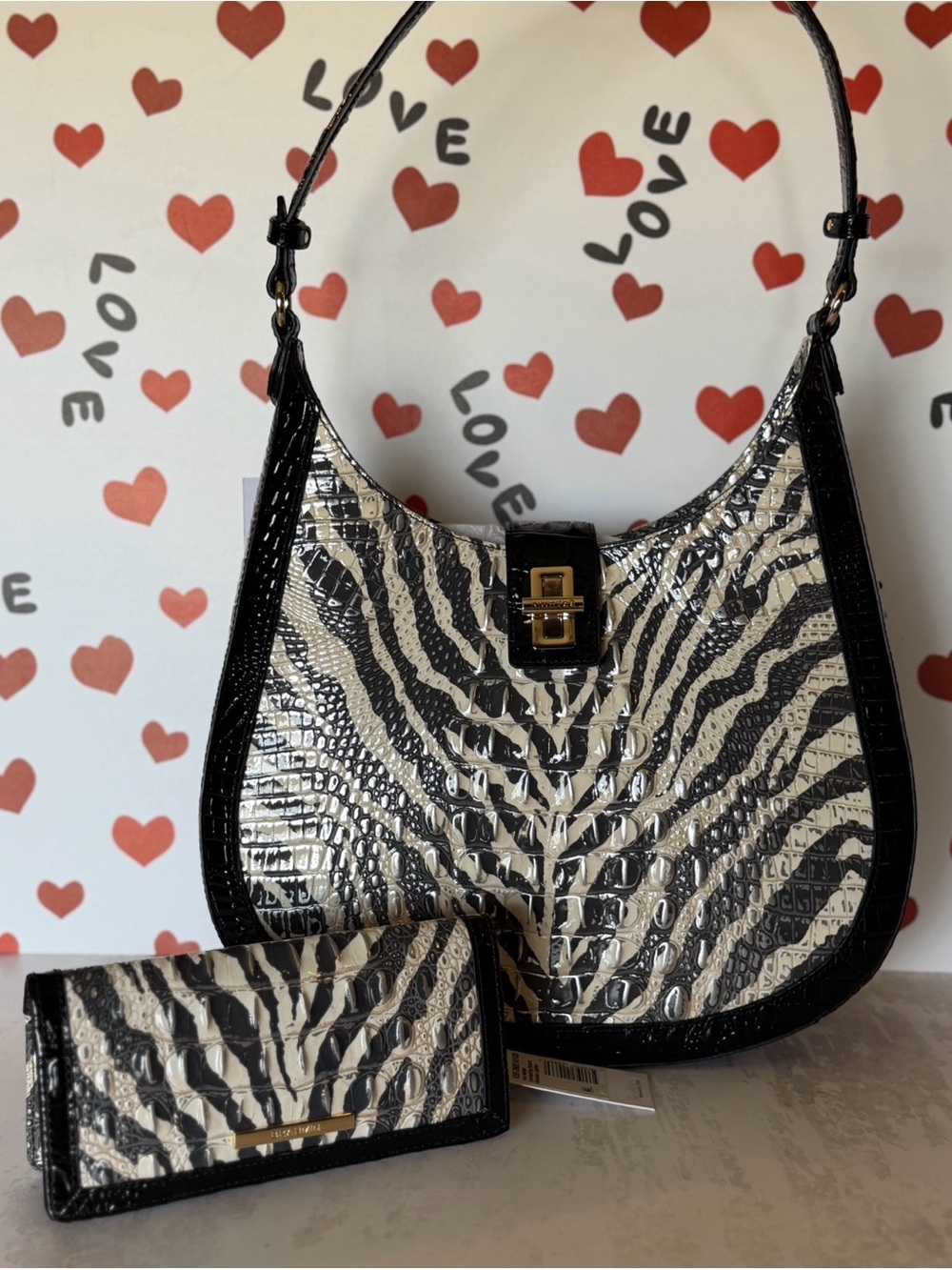 Zebra-Print Croc-Embossed Shoulder Bag with Matching Wallet - Black & Cream - Picture 2 of 12